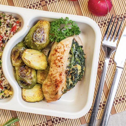 Stuffed chicken breast with roasted brussels sprouts
