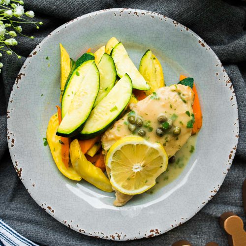 Chicken piccata with Zucchini and Squash