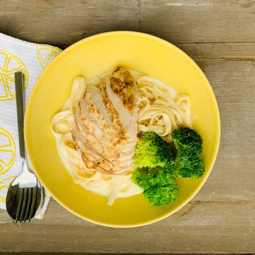 Chicken alfredo pasta and broccoli