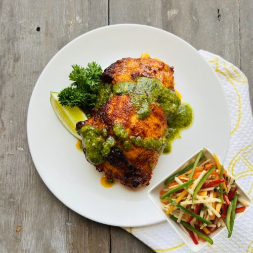 Grilled Peruvian chicken thigh with jicama and pepper